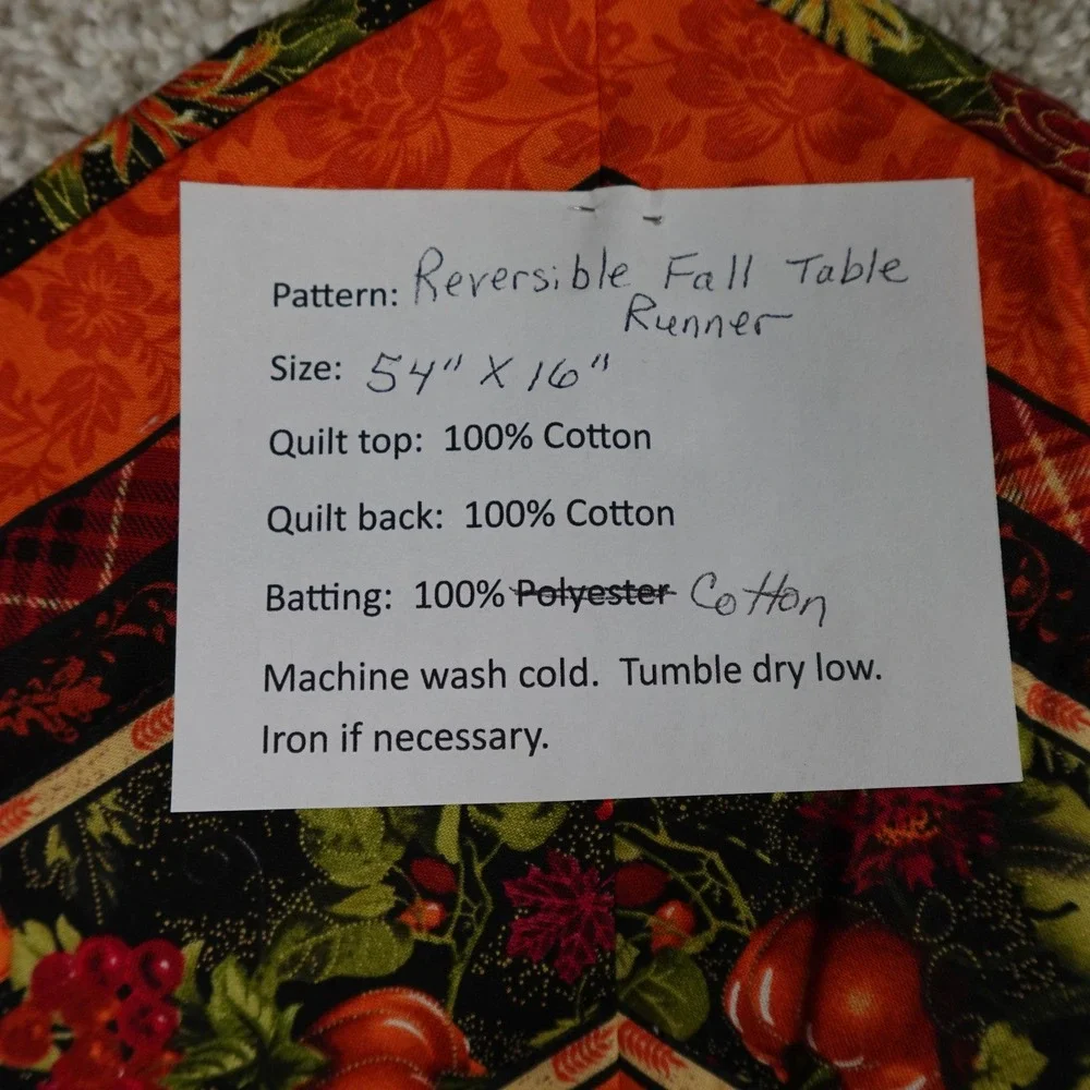 Handmade Reversible Fall Table Runner Quilted Pumpkin Floral 54x16 Orange Black